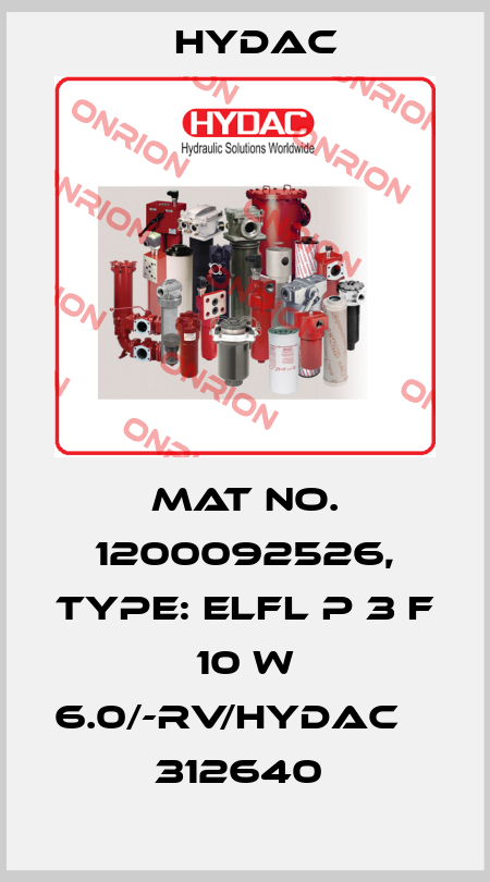 Mat No. 1200092526, Type: ELFL P 3 F 10 W 6.0/-RV/HYDAC       312640  Hydac