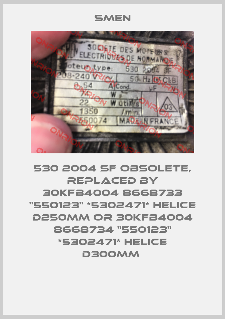 530 2004 SF obsolete, replaced by 30KFB4004 8668733 "550123" *5302471* HELICE D250MM or 30KFB4004 8668734 "550123" *5302471* HELICE D300MM -big